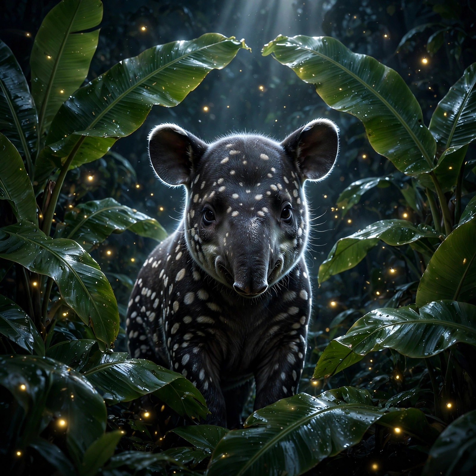 Baby tapir calf with dappled fur peeking from banana leaves under moonlight