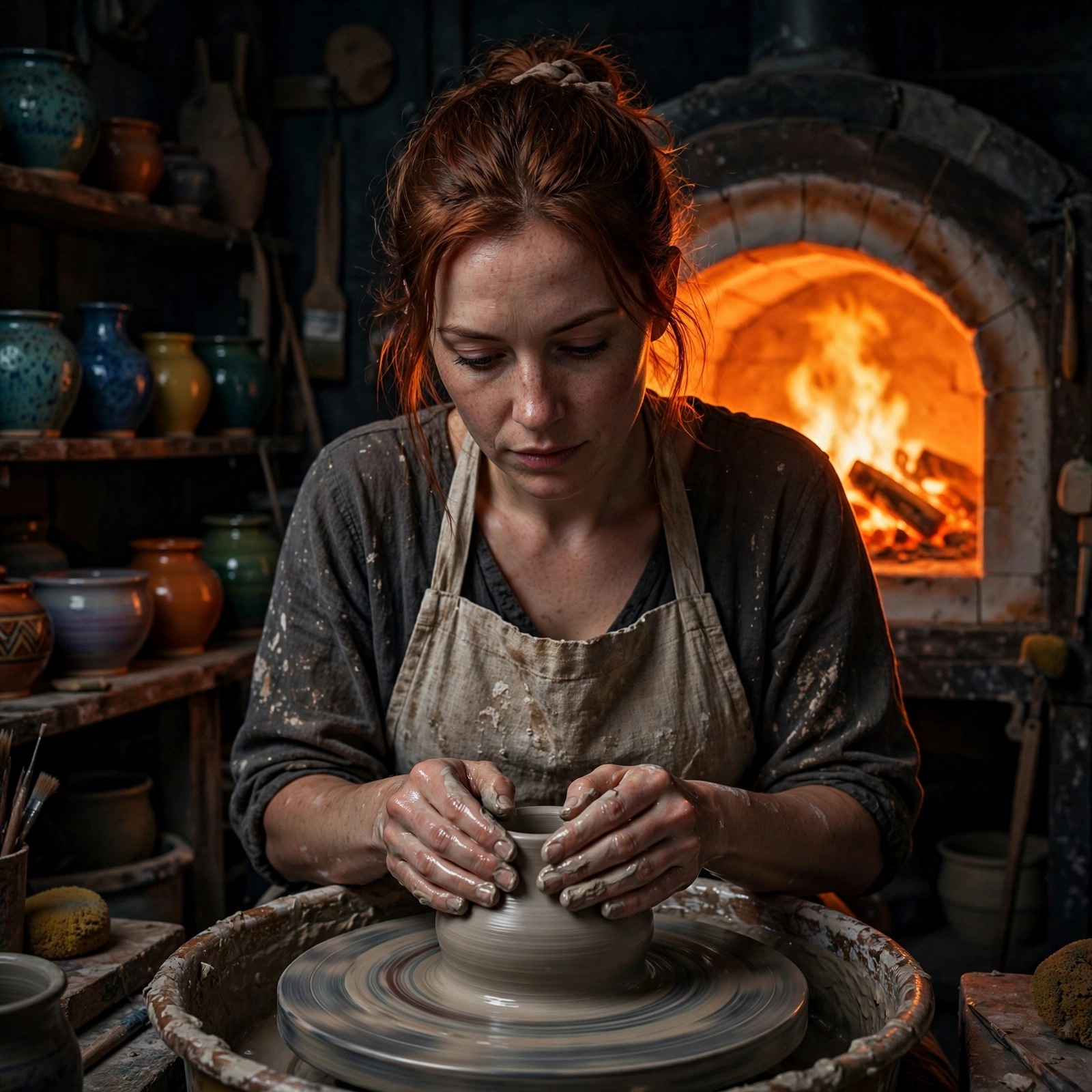 Woman potter shaping clay at wheel with glowing kiln behind, girls DP