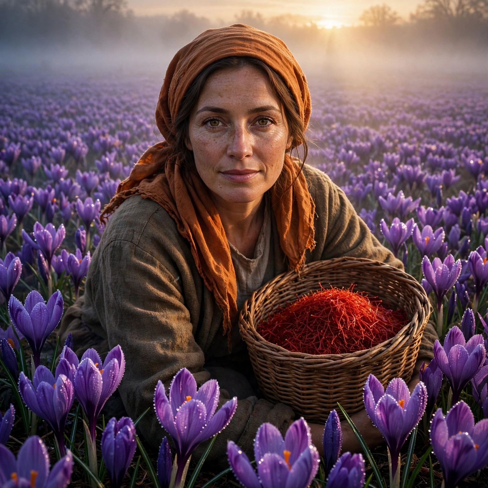 Woman harvesting saffron with basket in purple crocus field at dawn, girls DP