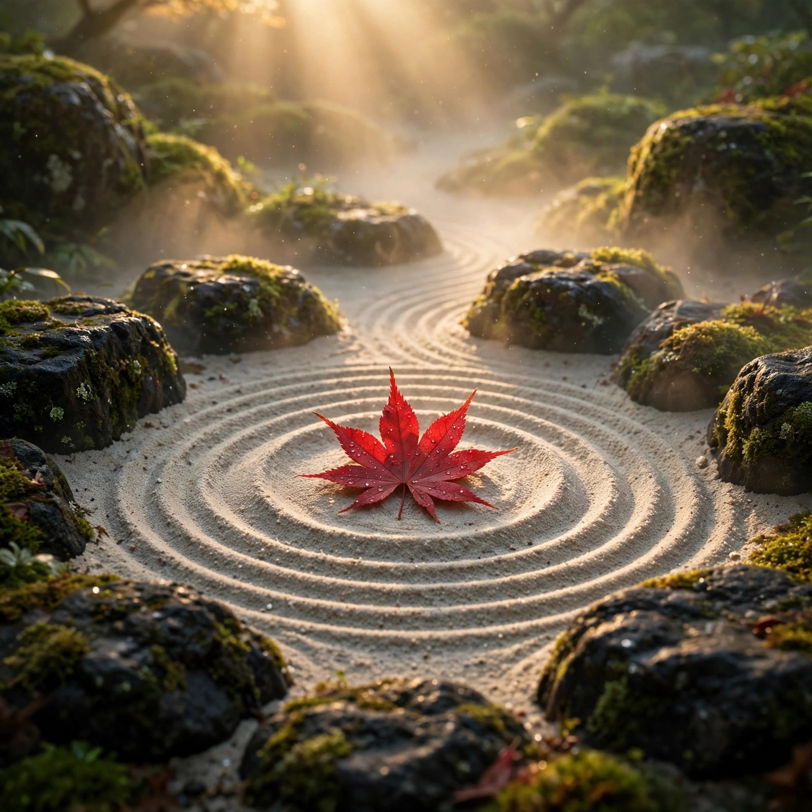 Zen rock garden with raked sand and single red maple leaf, aesthetic WhatsApp DP