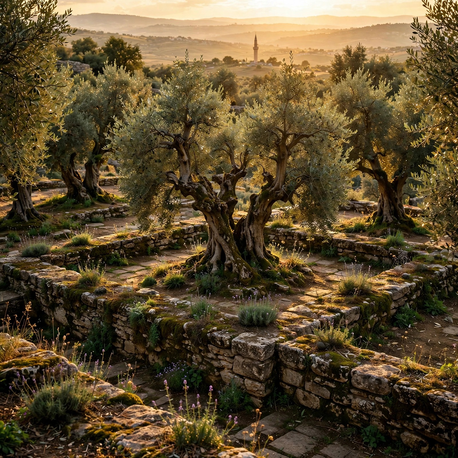 Olive grove on a stone terrace with a distant minaret