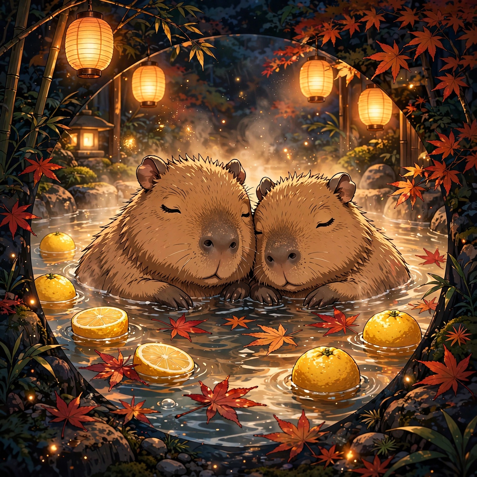 cute capybaras soaking in steamy onsen hot spring anime dp