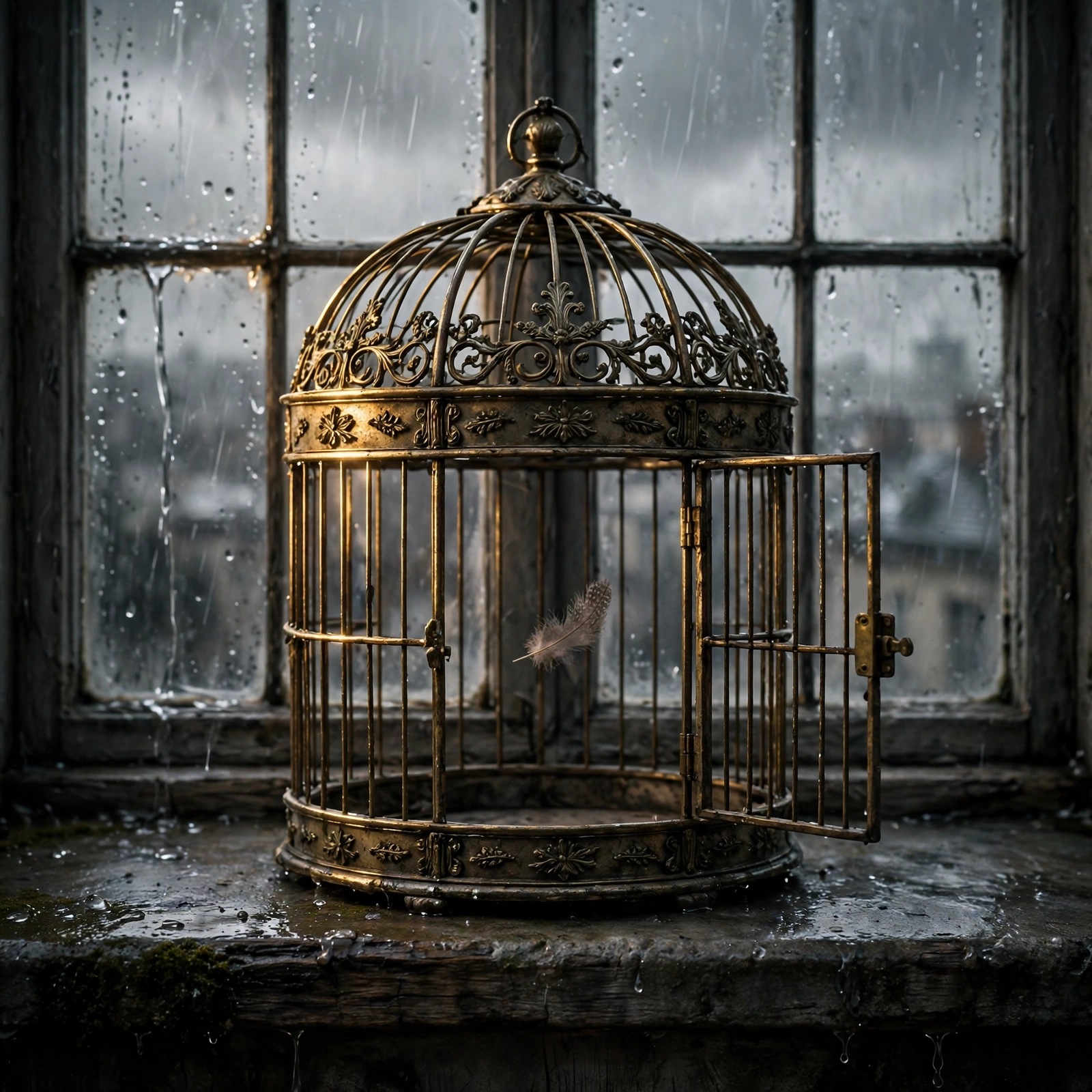 antique birdcage with open door on rainy windowsill sad dp