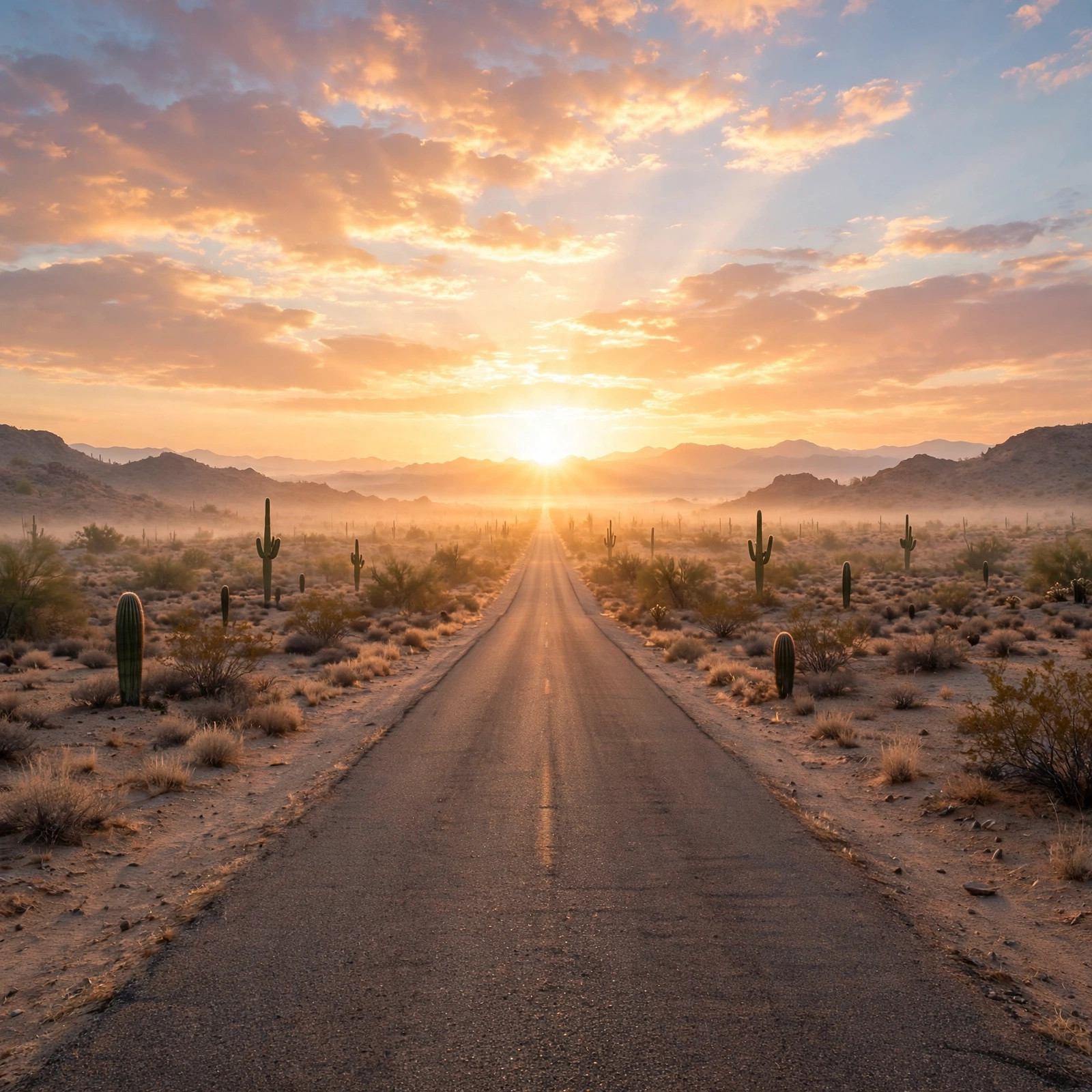 Open desert road stretching straight toward brilliant dawn light on the horizon