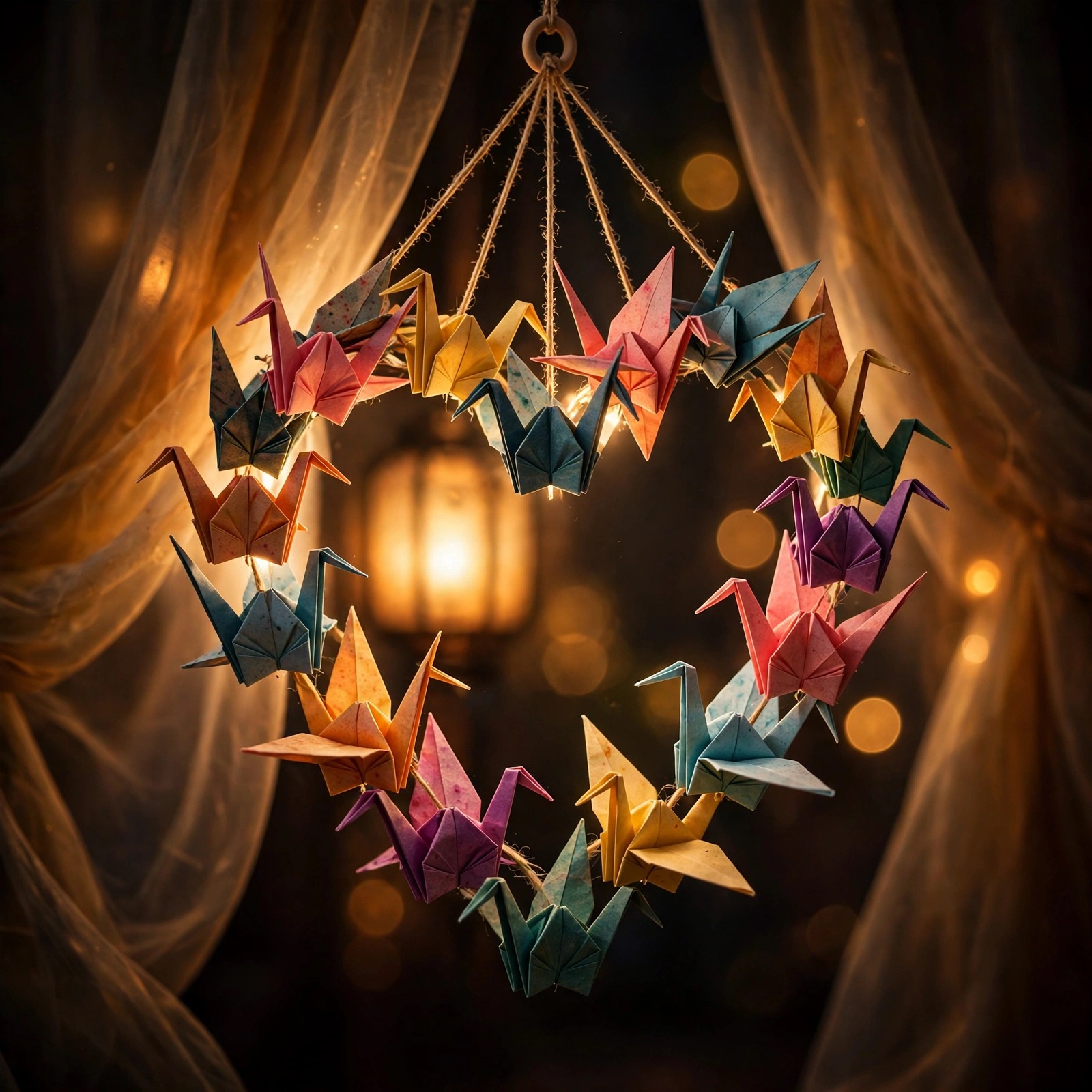 Colorful origami crane mobile arranged in a glowing heart shape