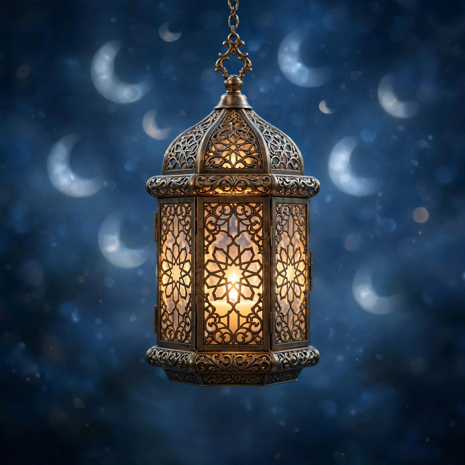 Ornate glowing lantern with a soft crescent moon bokeh glowing behind it in deep blue night