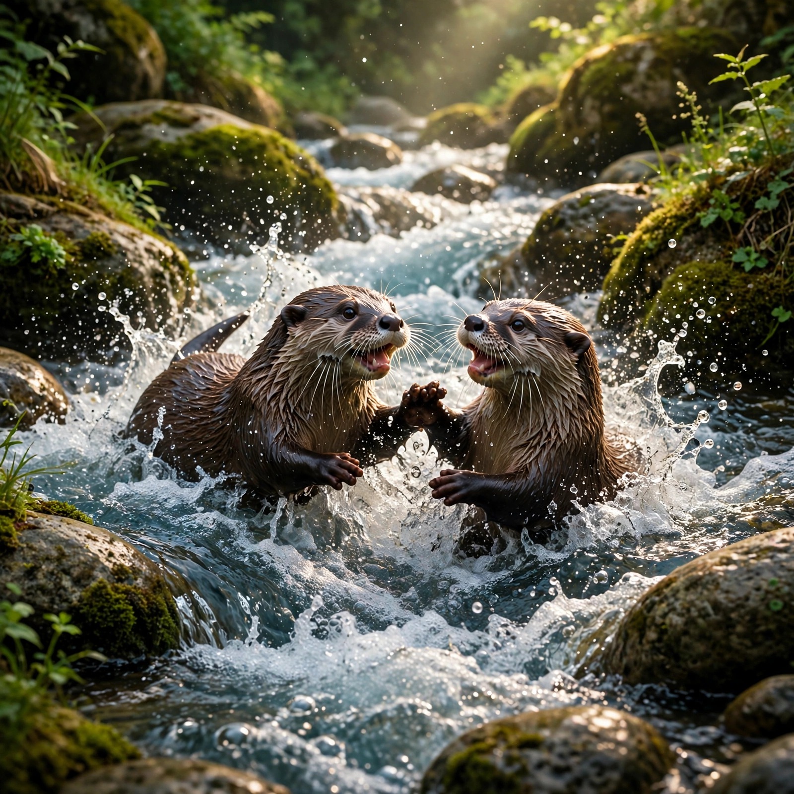 Otters Playing in River Rapids