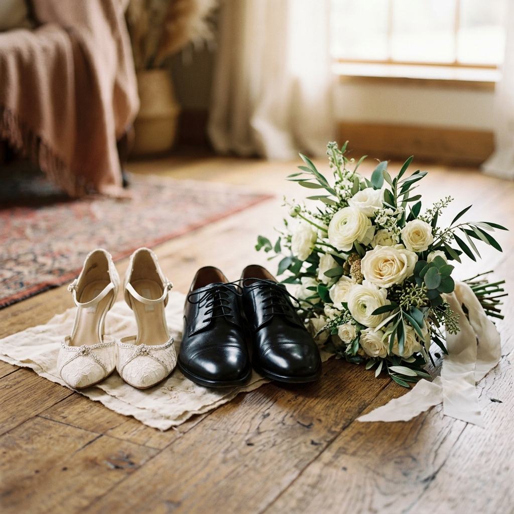 A pair of elegant wedding shoes and classic dress shoes sit beside a bridal bouquet, tasteful still life
