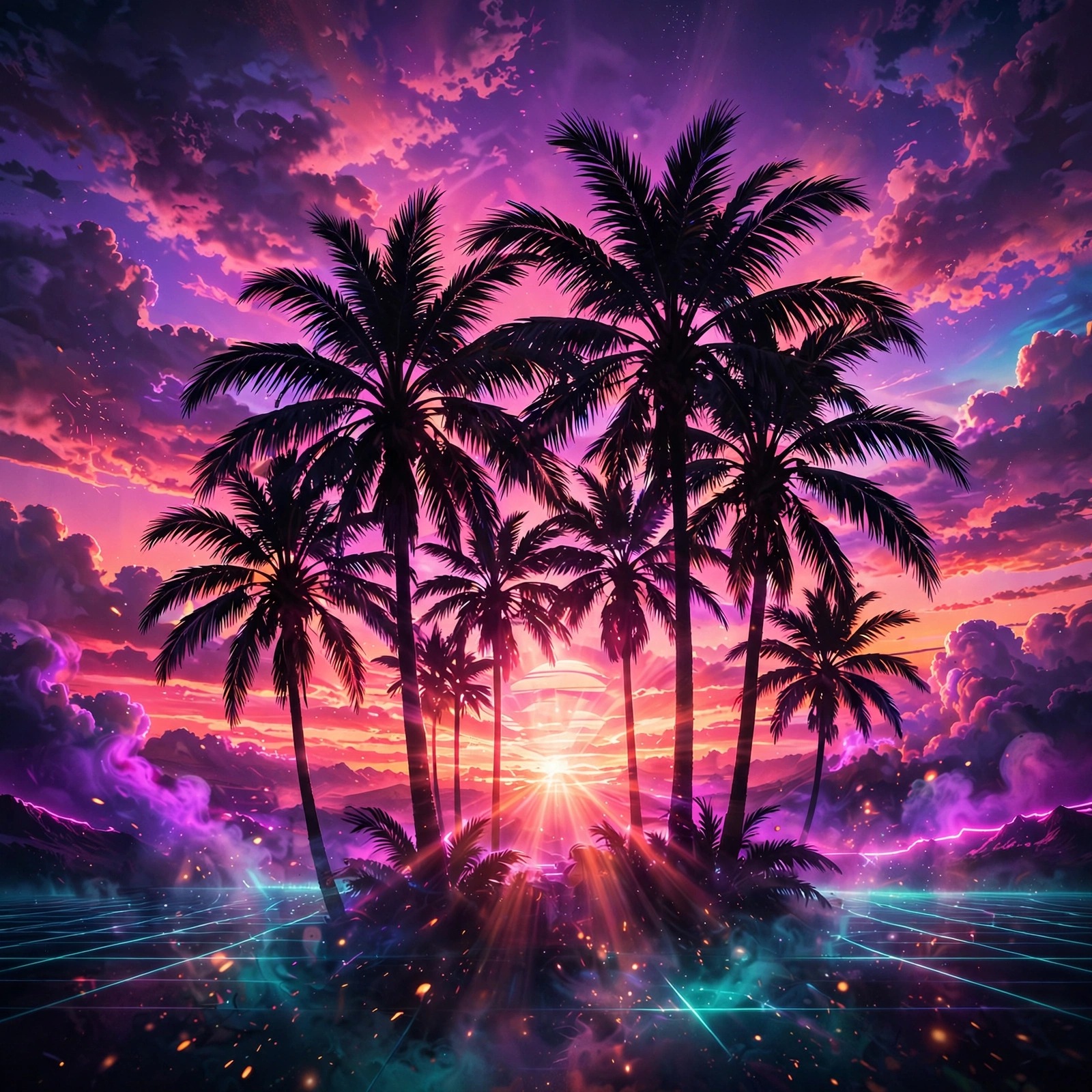 Palm tree silhouettes against a neon pink and purple sunset sky, square WhatsApp DP