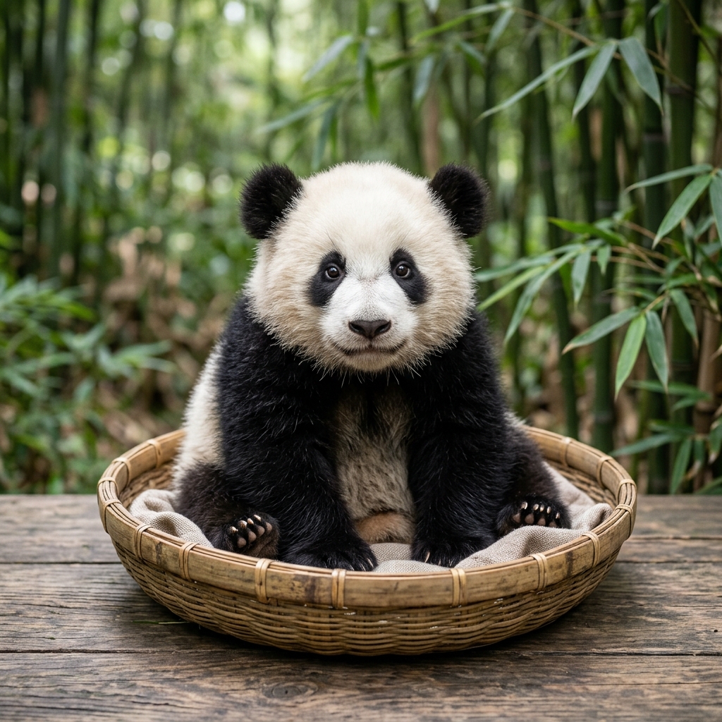 A panda cub sits inside a broad shallow bamboo basket