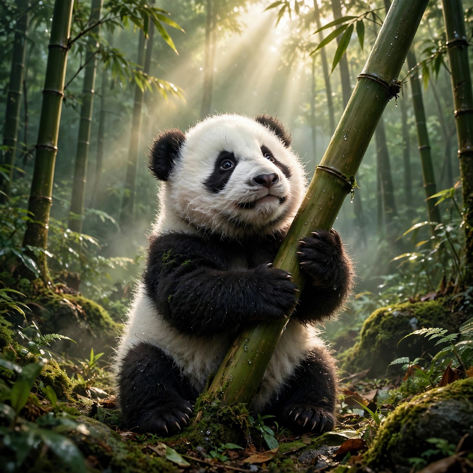 Baby panda cub hugging a bamboo stalk and looking up in a misty sunlit bamboo forest, cute profile DP