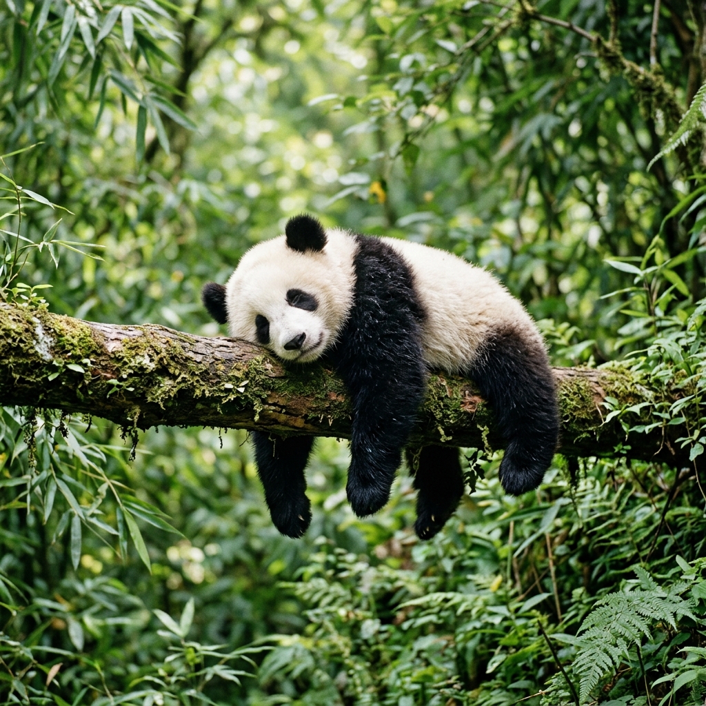 A panda cub sprawls across a low tree branch with relaxed paws