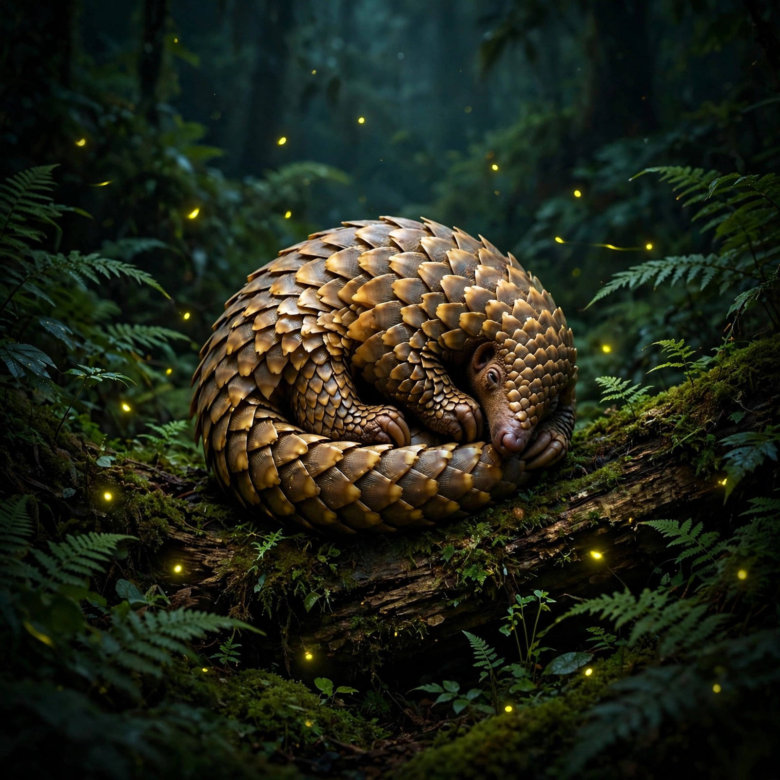 Pangolin profile picture curled in a moonlit forest
