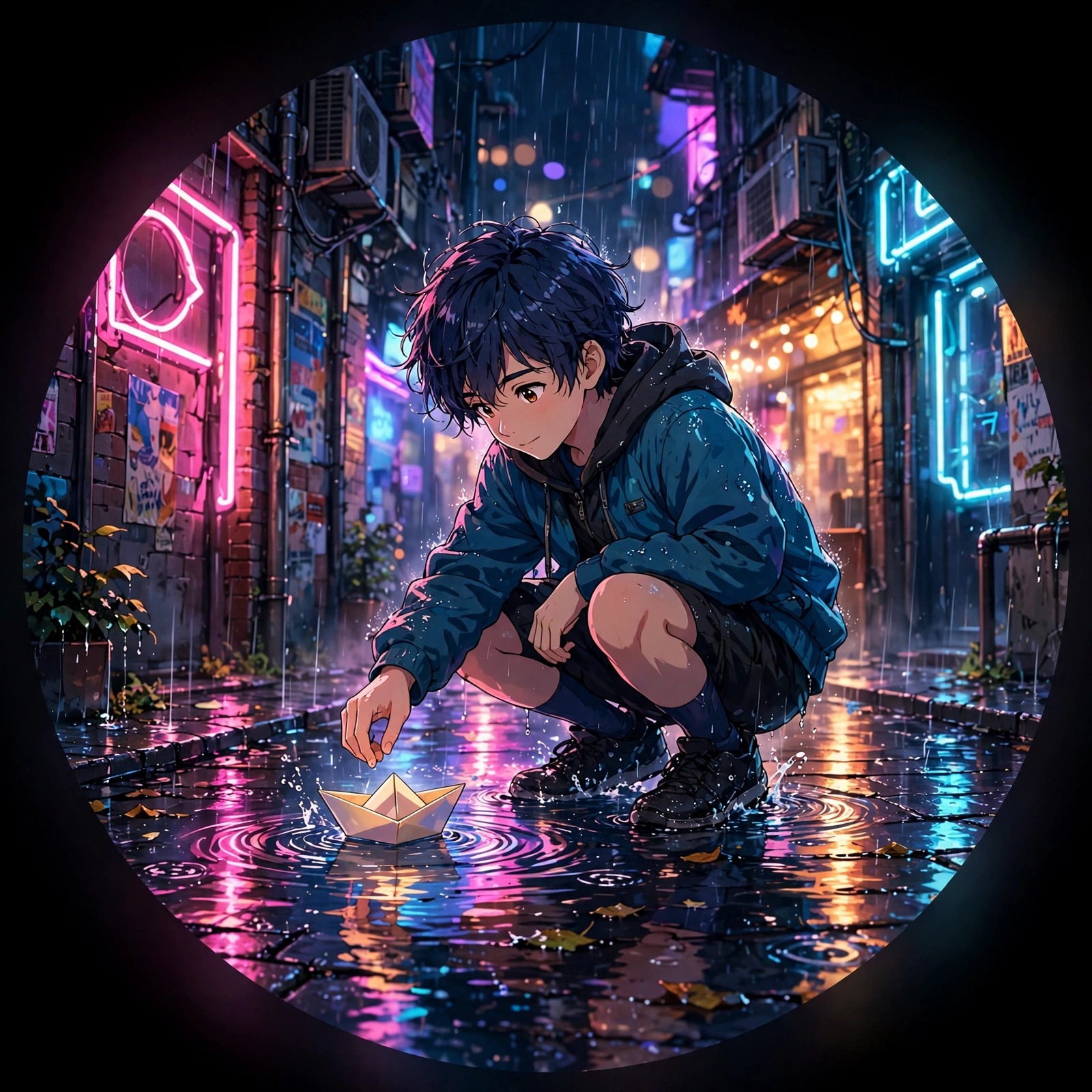 Paper Boat in a Rainy Neon Alley anime DP - free download