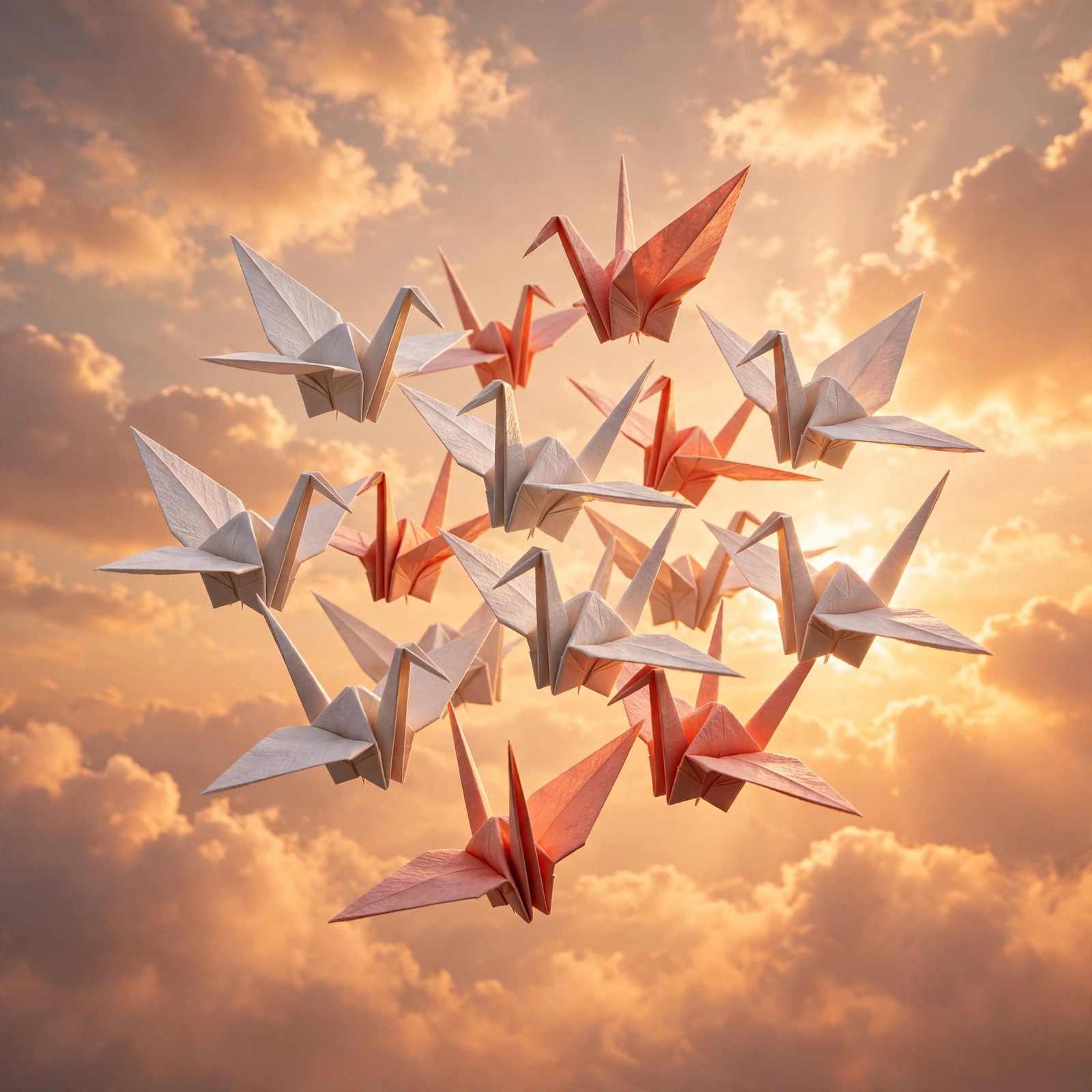Origami paper cranes flying in a sunset sky