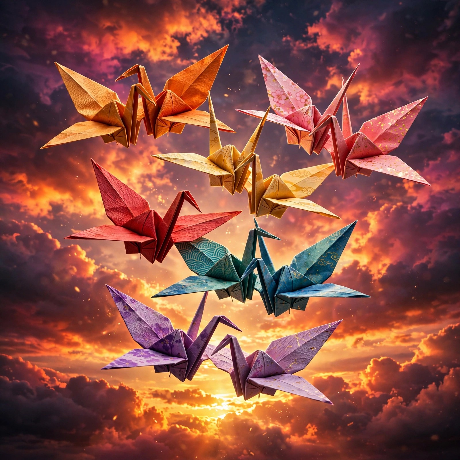 Origami paper cranes flying in pairs across a vivid orange sunset sky