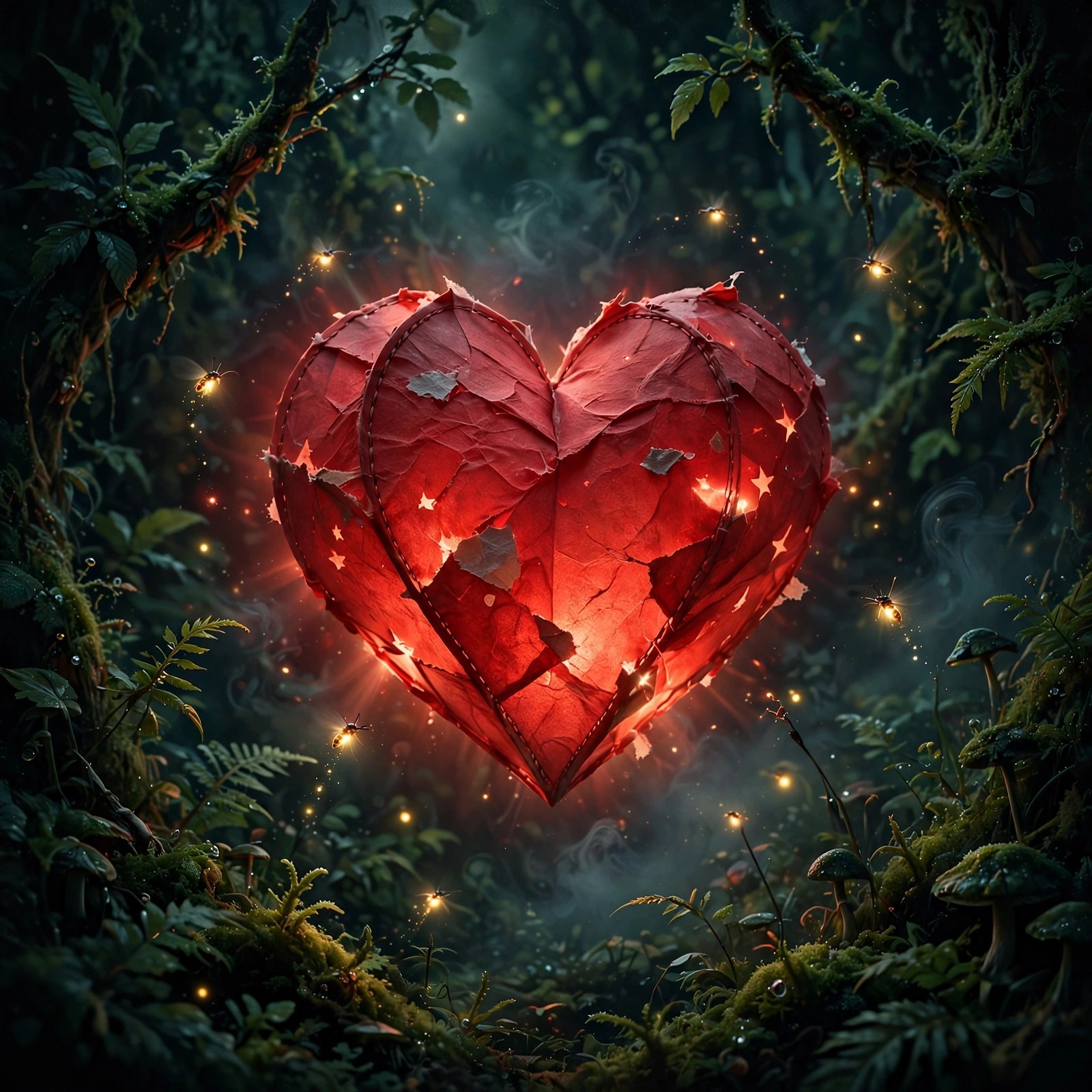 a glowing red paper heart lantern floating in a dark forest with fireflies