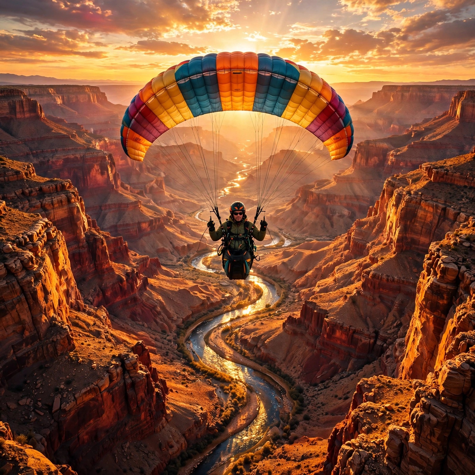 Colorful paraglider soaring over a golden canyon at sunset, motivational DP