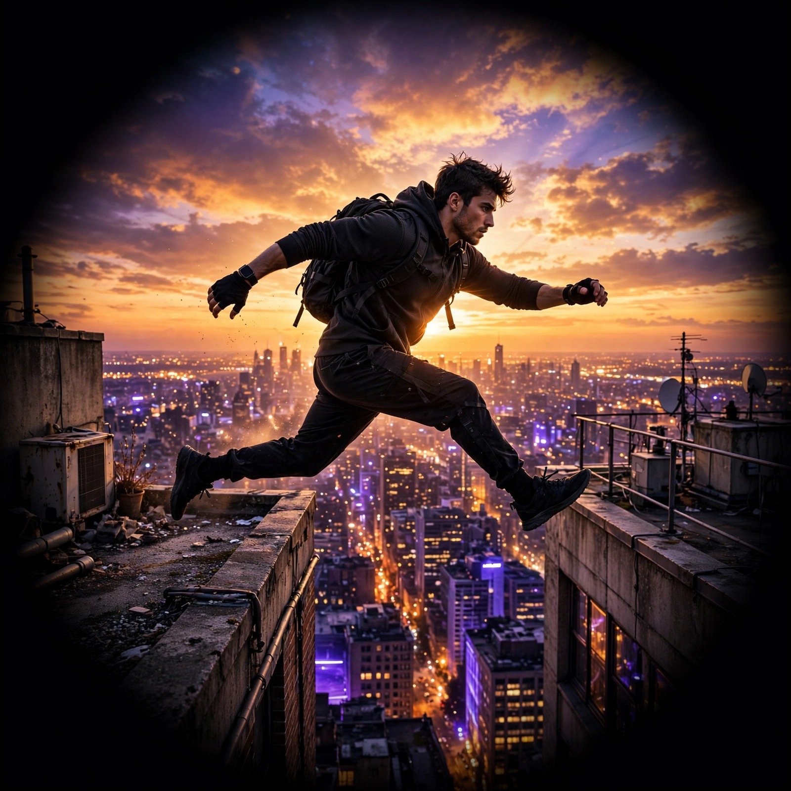 Parkour athlete leaping between rooftops at sunset, motivational DP