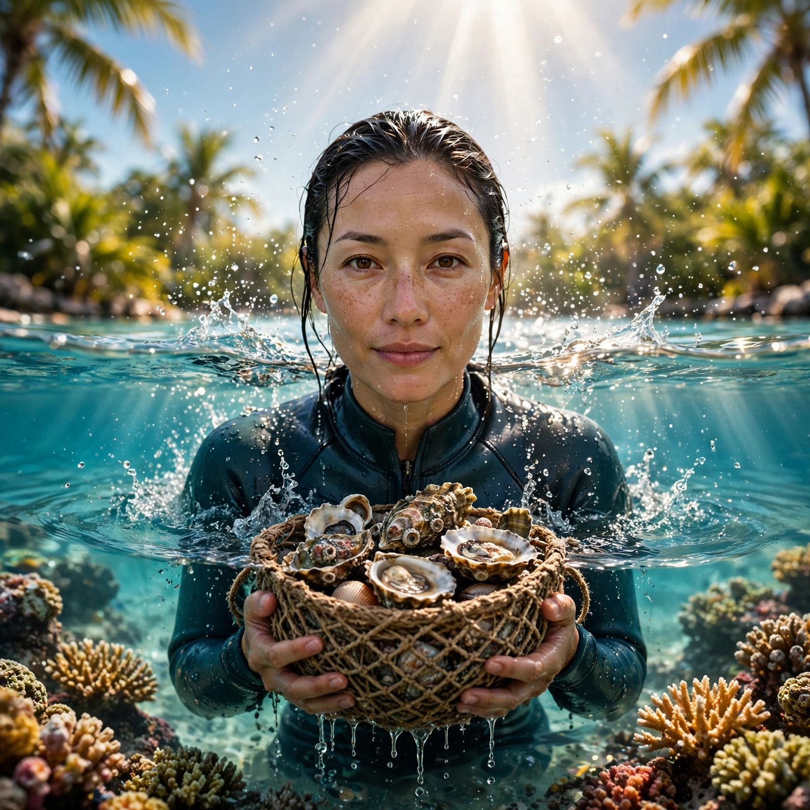 Woman pearl diver with oyster basket in a turquoise lagoon, WhatsApp DP for girls