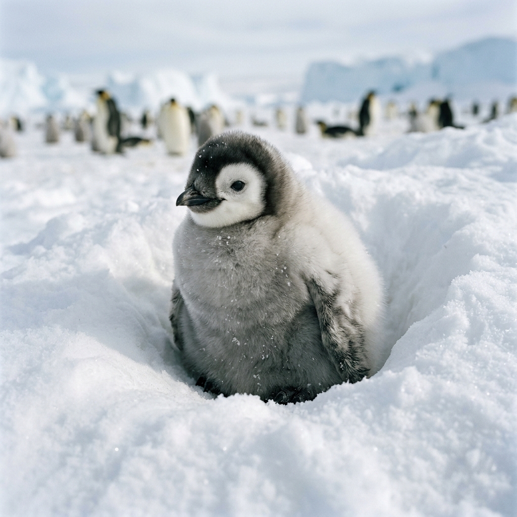 A fluffy penguin chick nestles into a shallow hollow of fresh snow