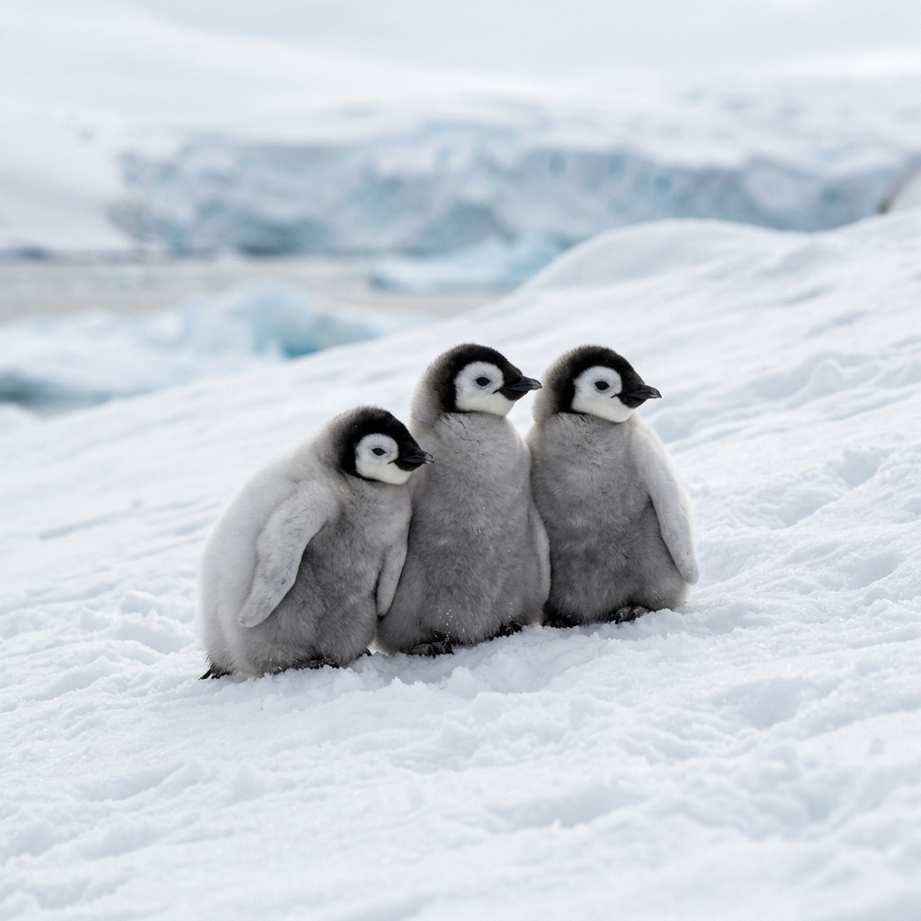 Three fluffy penguin chicks huddle on a gentle snowy slope