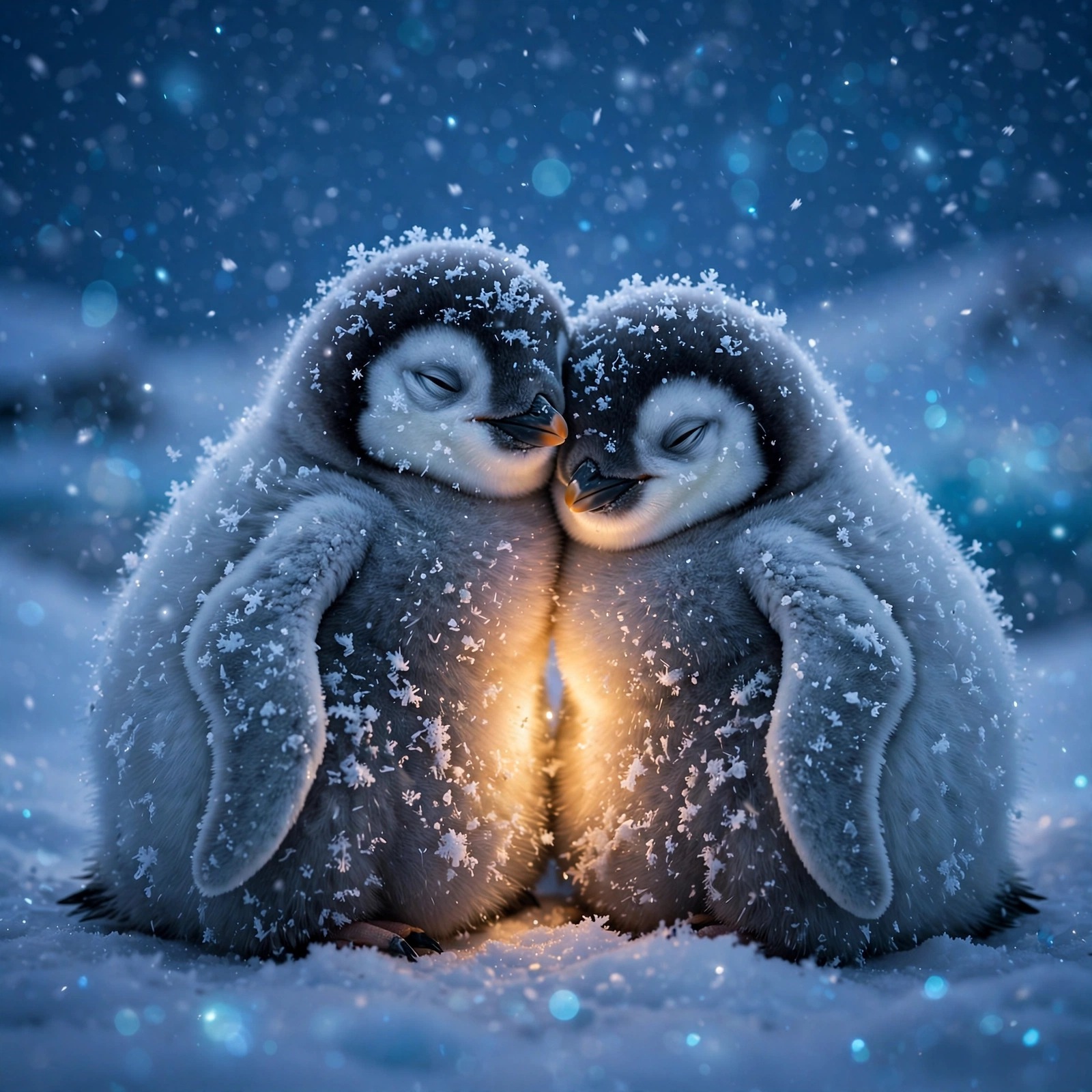 Two penguins huddled close together in falling Antarctic snow, romantic profile picture
