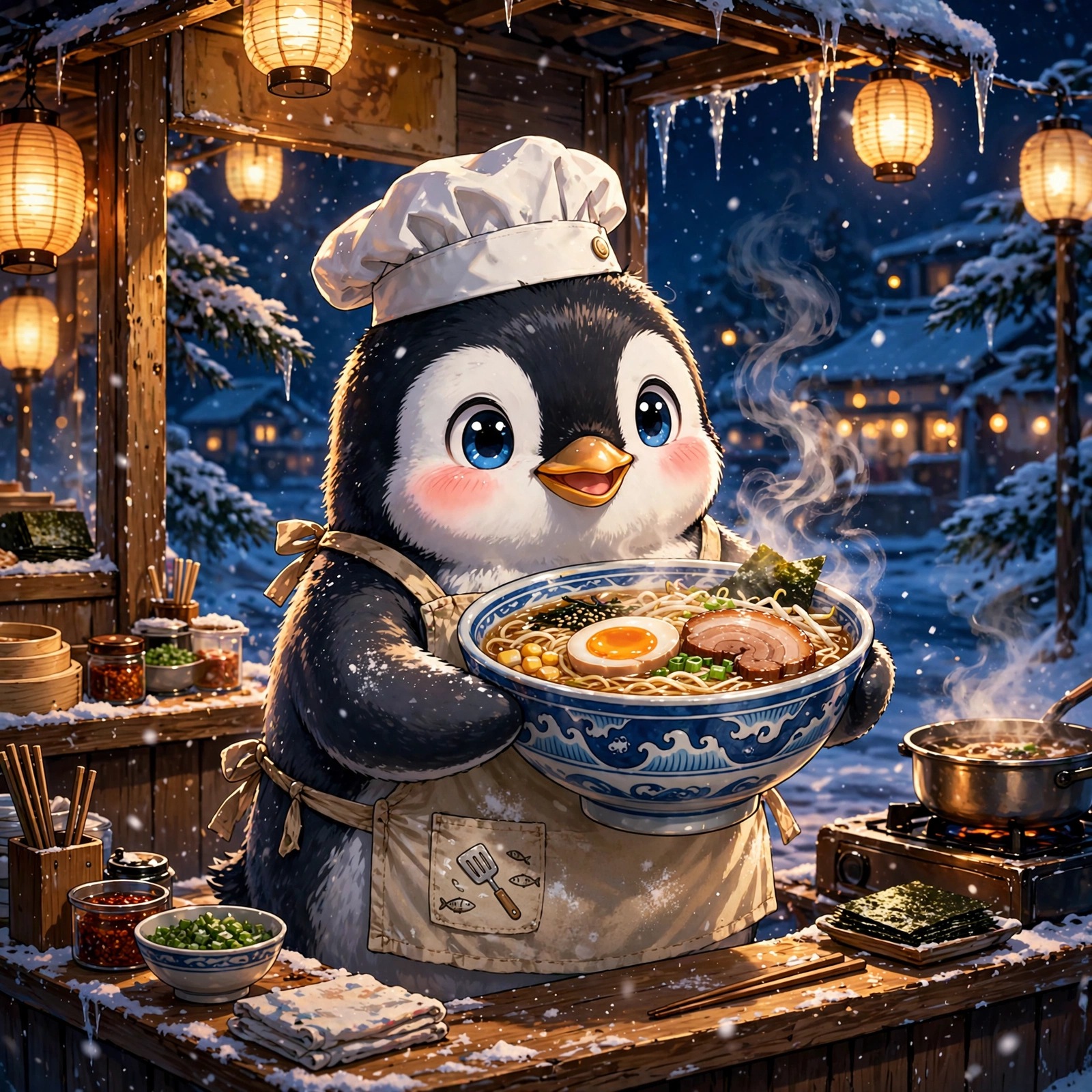 anime penguin chef serving ramen at a snowy night stall anime dp