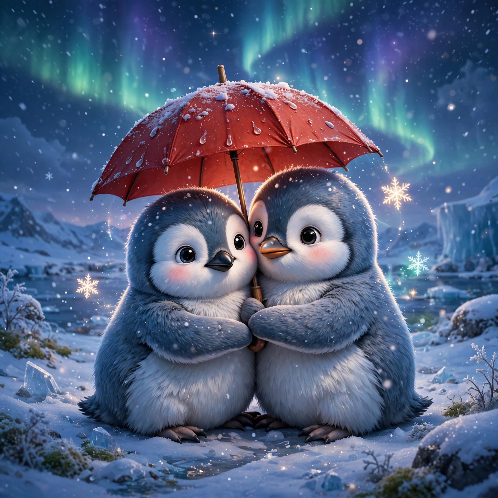two penguins sharing umbrella in snow friendship dp