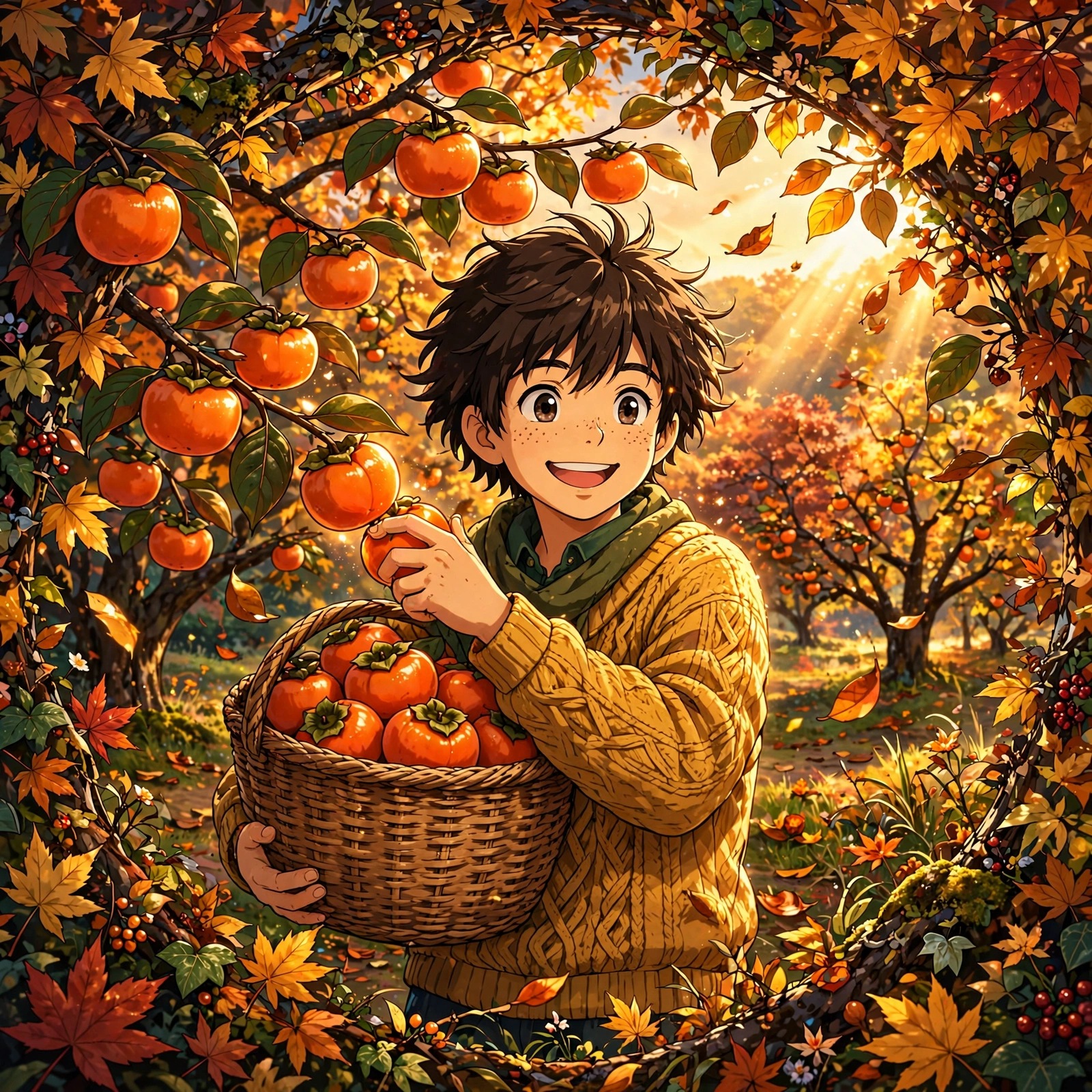 Anime boy profile picture picking persimmons in an orchard