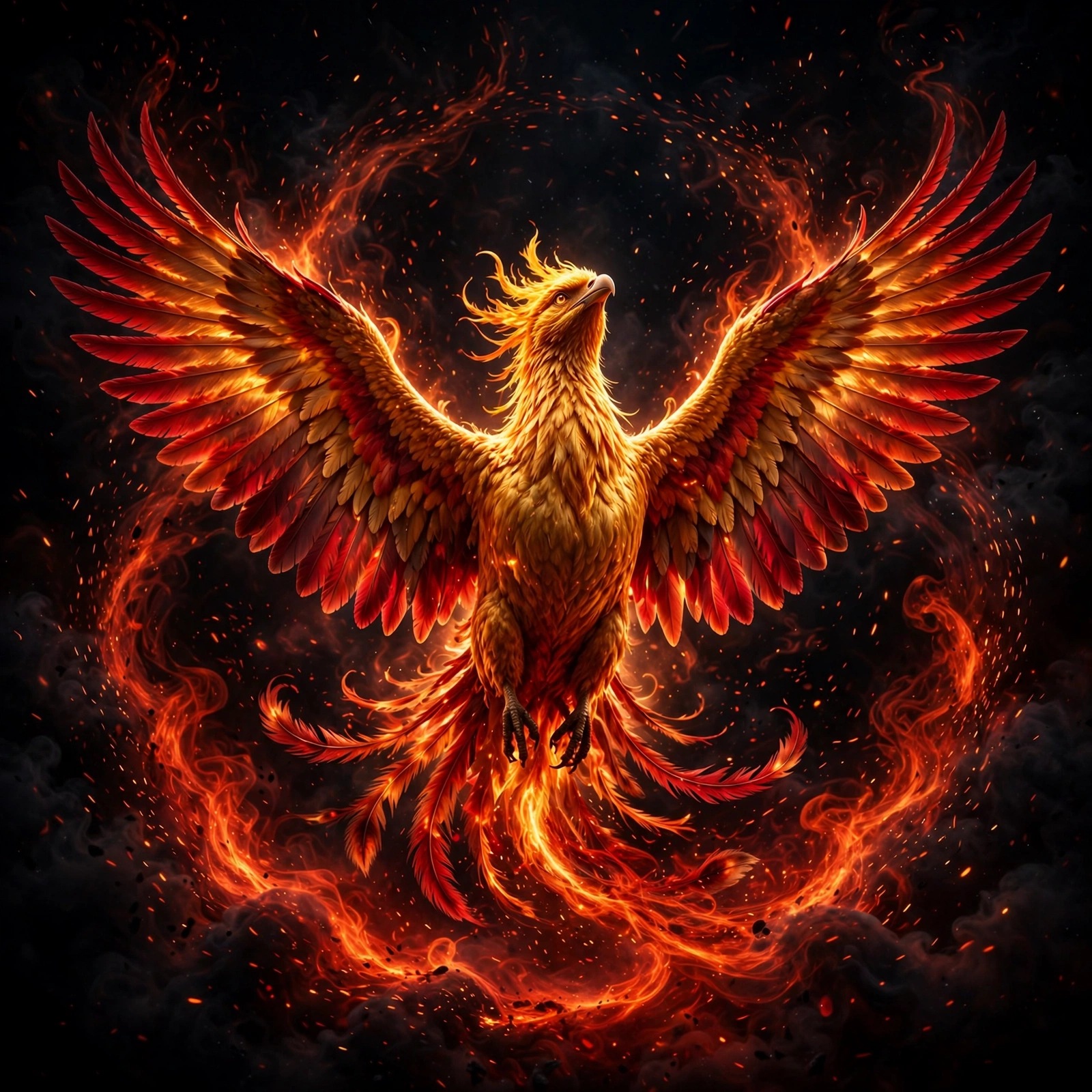 phoenix rising from flames against dark night sky, motivational wallpaper