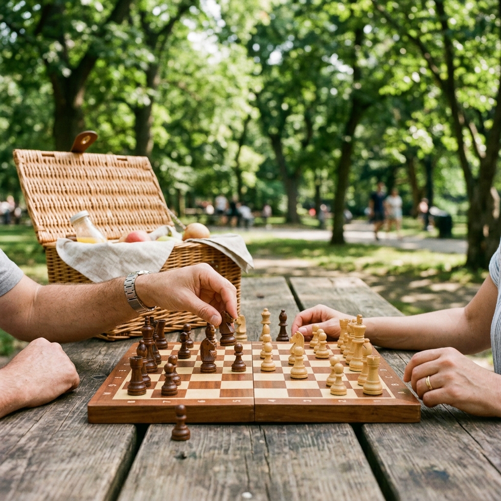 Friends play chess beside a picnic basket at a leafy park table