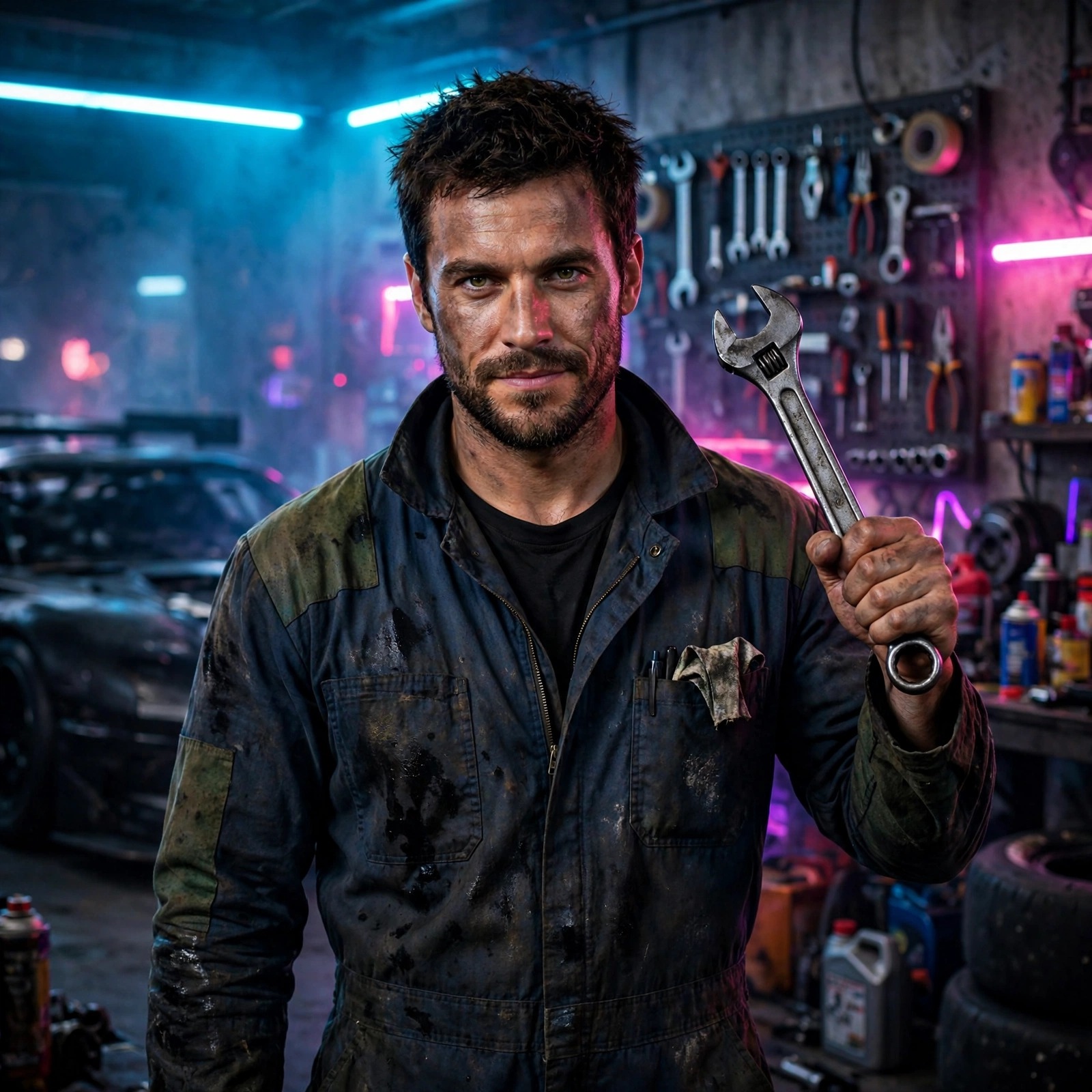 fictional adult man pit mechanic with wrench in neon garage attitude dp