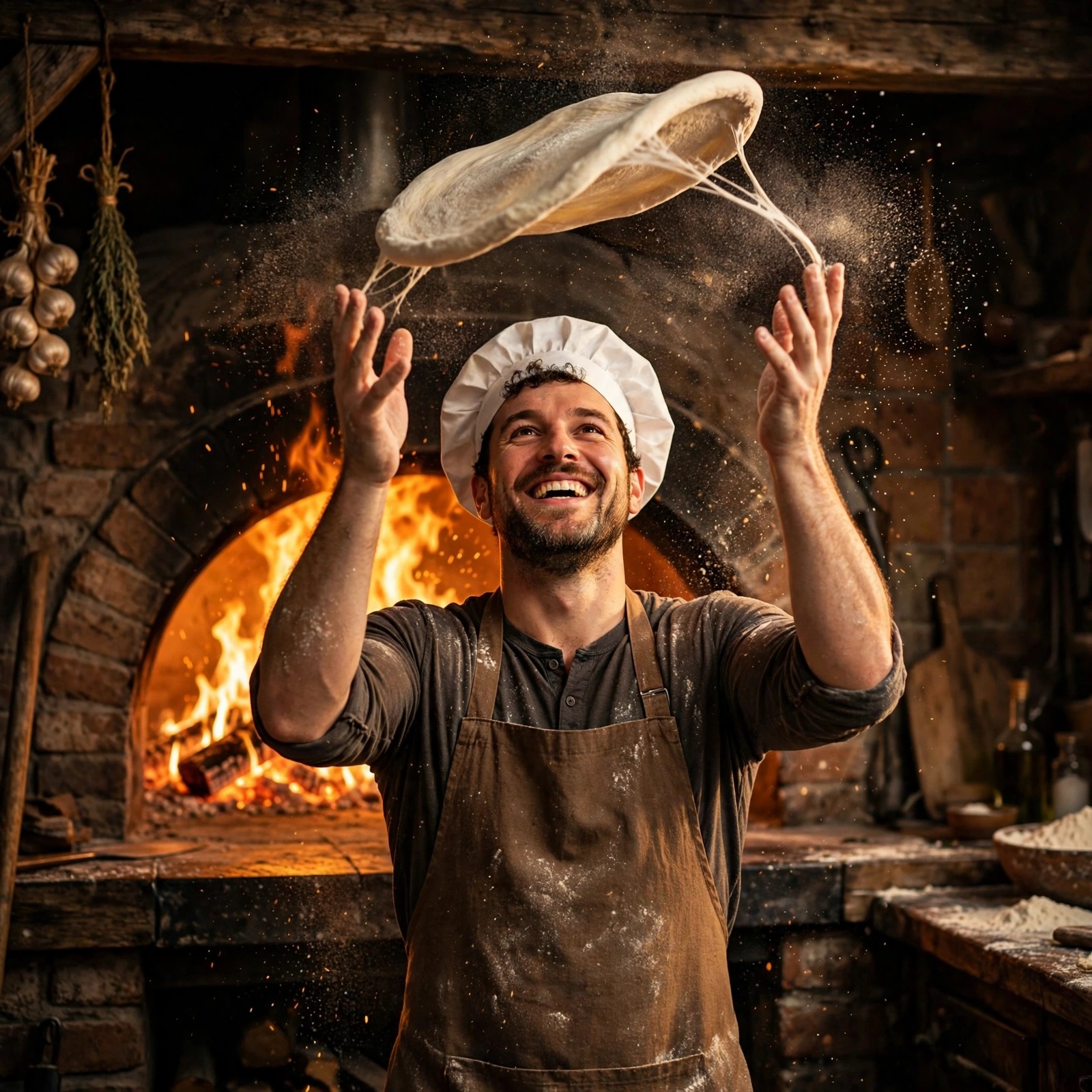 pizza chef tossing dough at wood fired oven boys dp