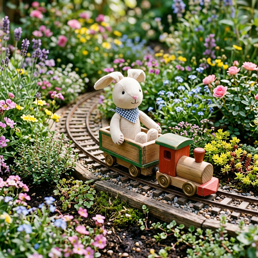 A handmade plush bunny rides a small wooden toy train through a miniature flower garden