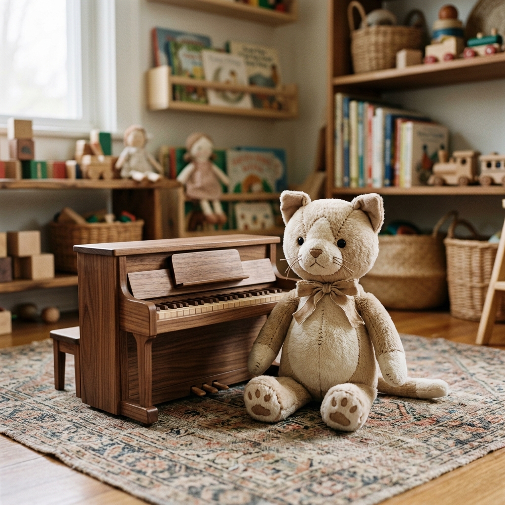 A handmade plush cat sits beside a miniature wooden piano in a cozy toy room