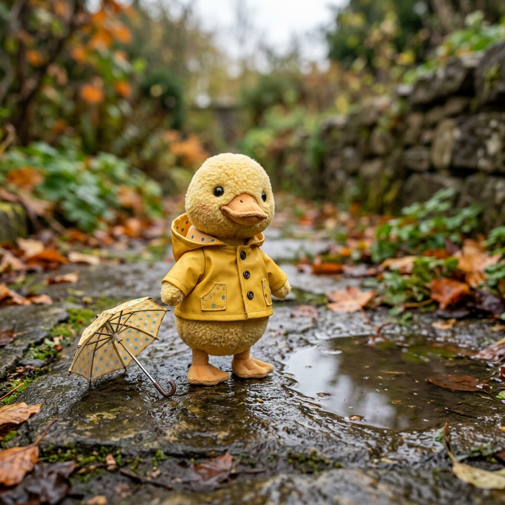 A handmade plush duck in a tiny raincoat stands beside a small puddle and umbrella