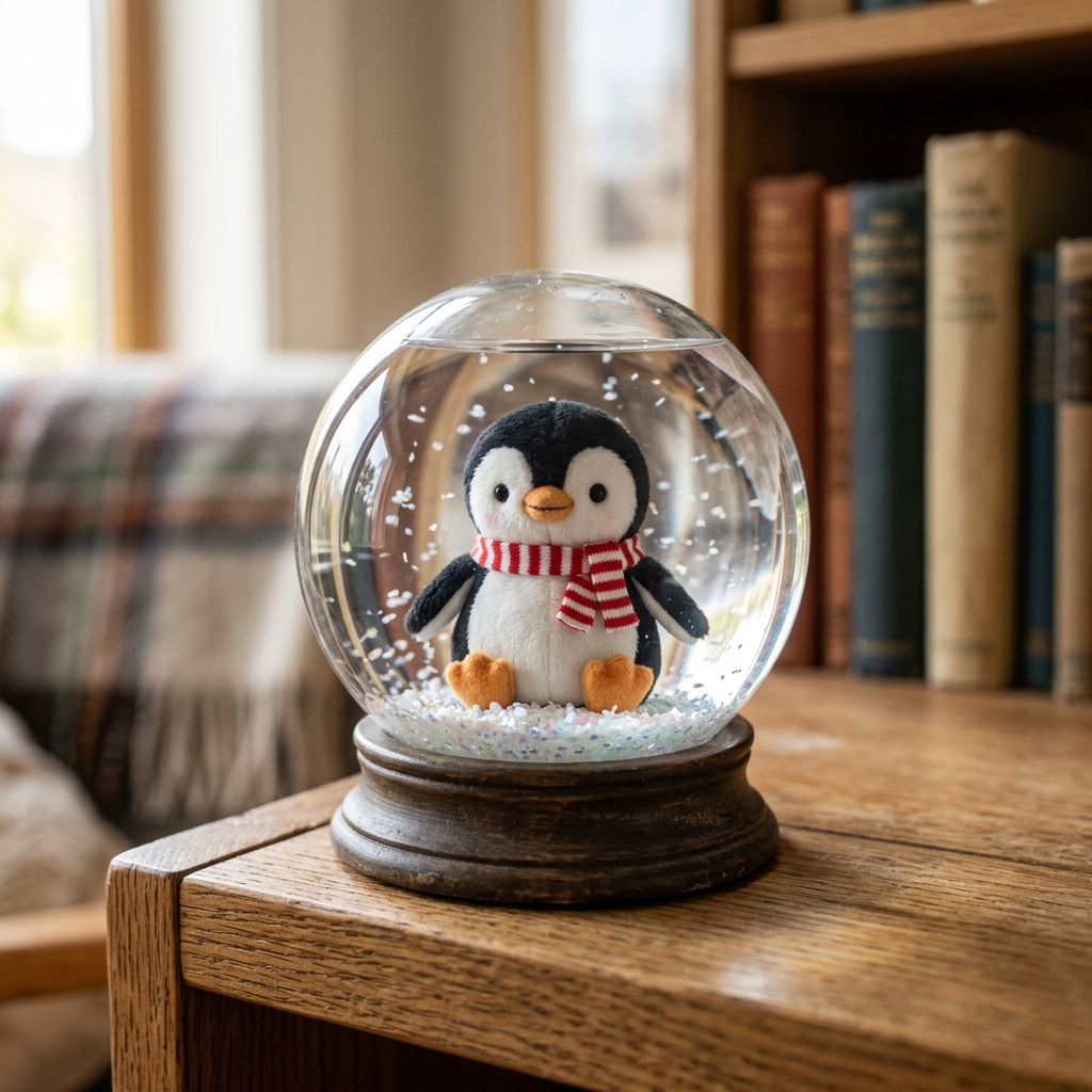 A tiny plush penguin sits inside a clear decorative snow globe without a label