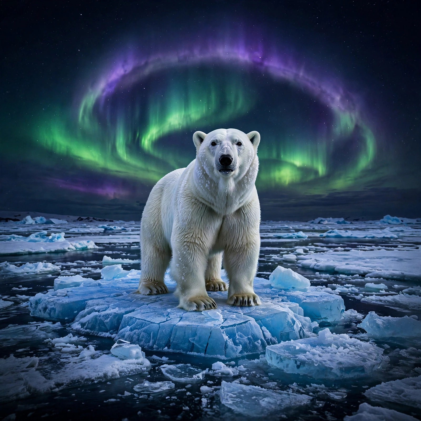 Polar bear standing on a blue ice floe beneath green and violet aurora borealis