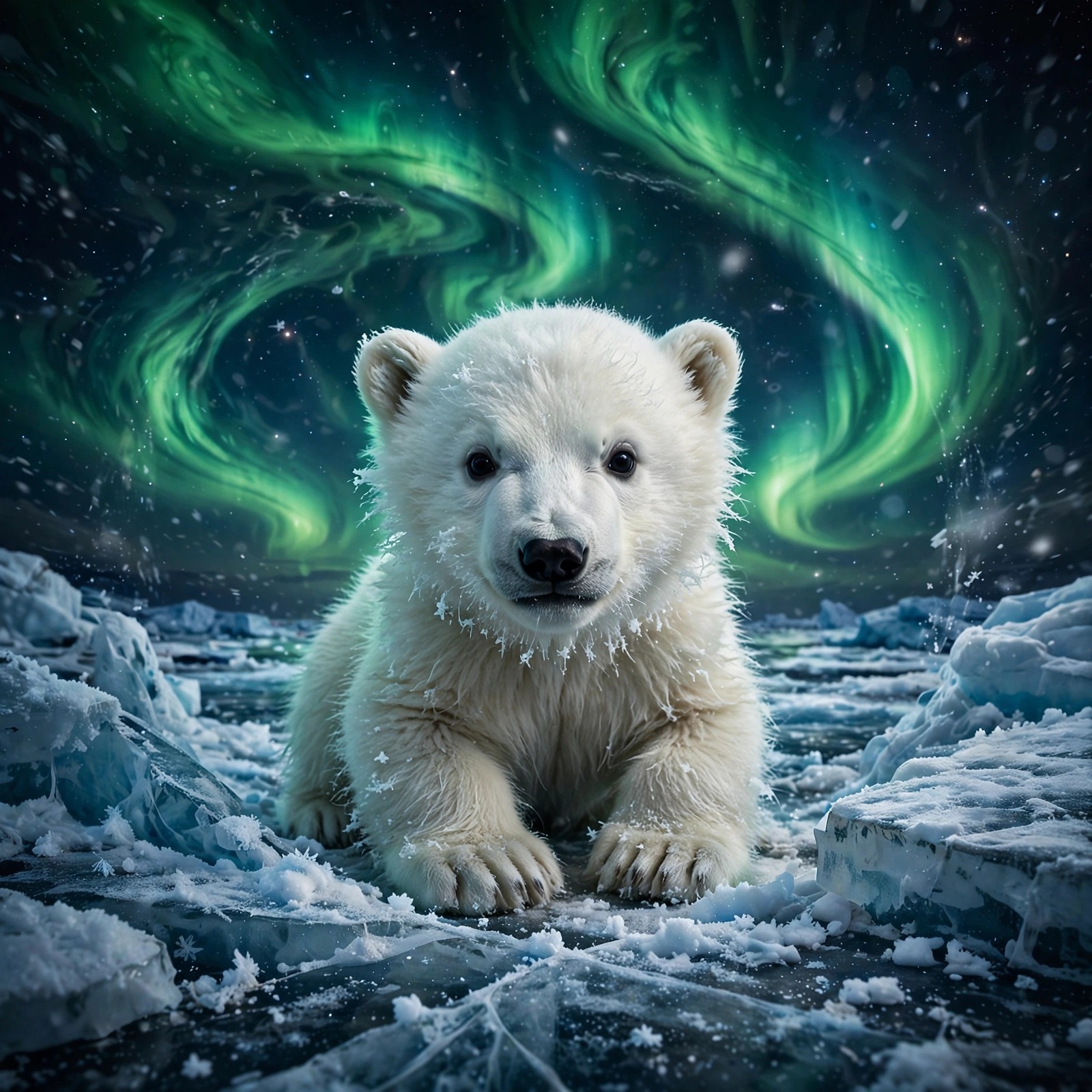 polar bear cub on arctic ice under aurora animals dp