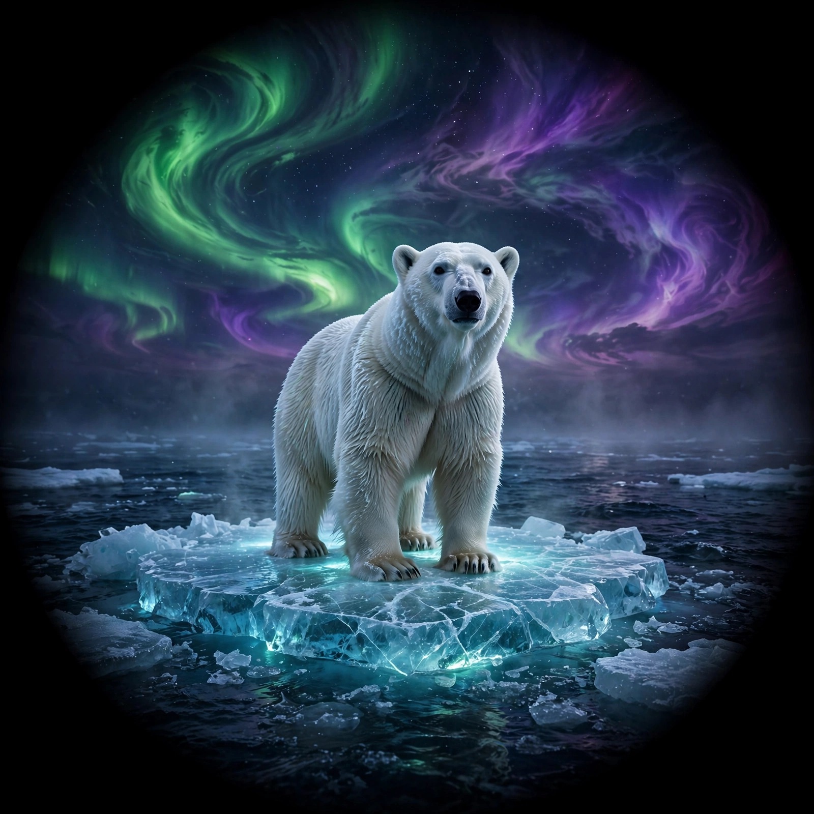 Polar bear on an ice floe under the aurora, nature DP