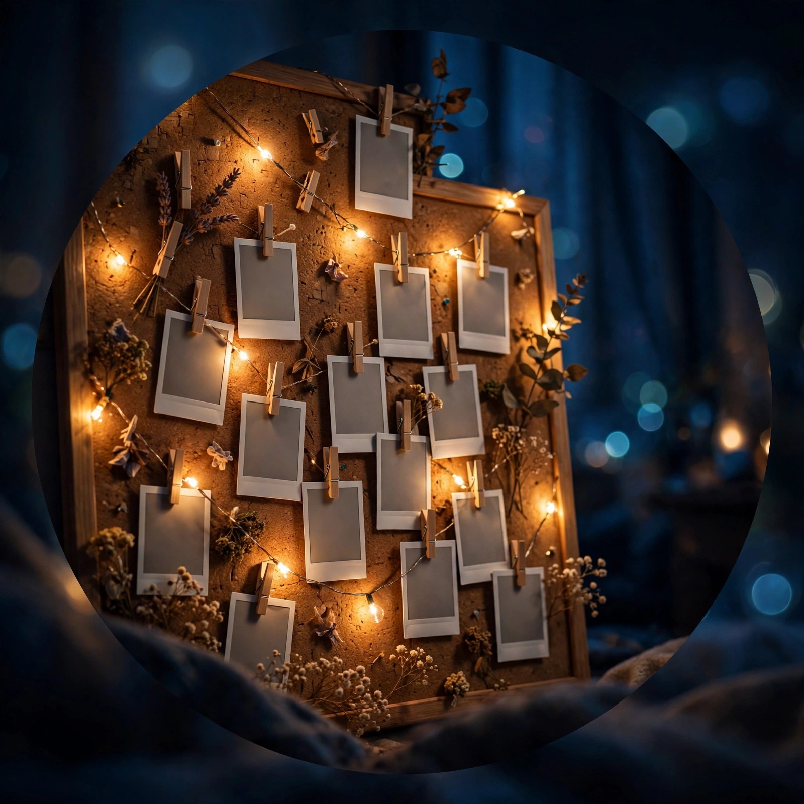 Corkboard of polaroid photos on glowing fairy lights, cozy nostalgic aesthetic DP