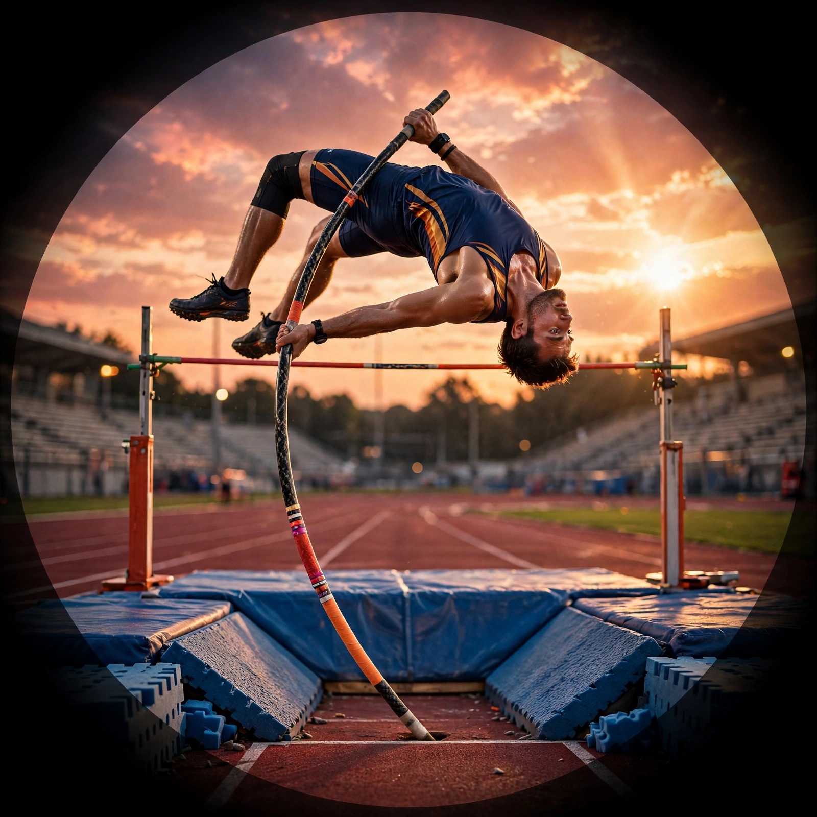 Pole Vaulter Clearing the Bar at Sunset