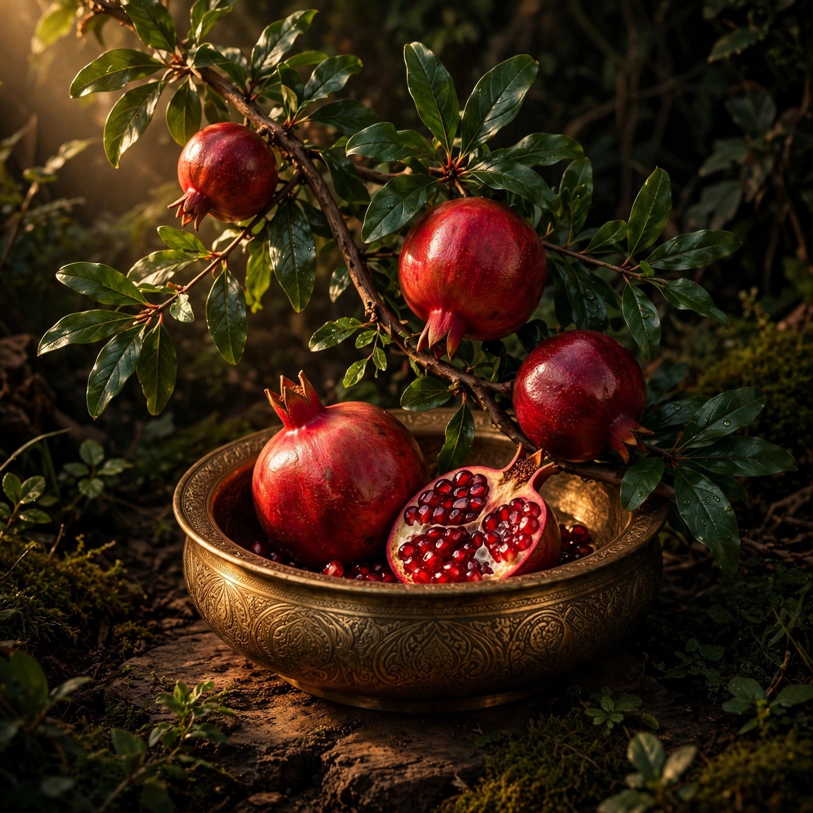 Pomegranate branch with ripe fruit over a brass bowl