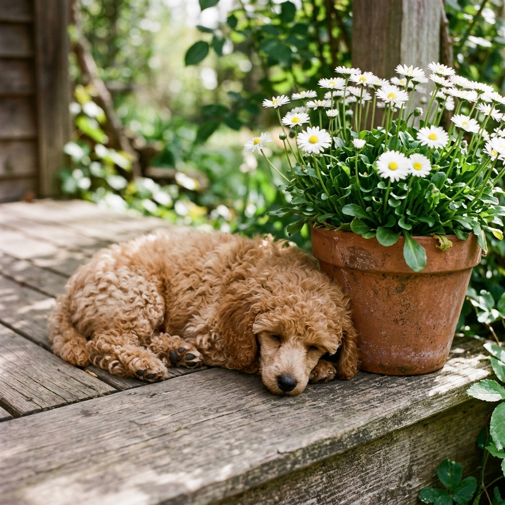 A curly poodle puppy rests beside a pot of white daisies
