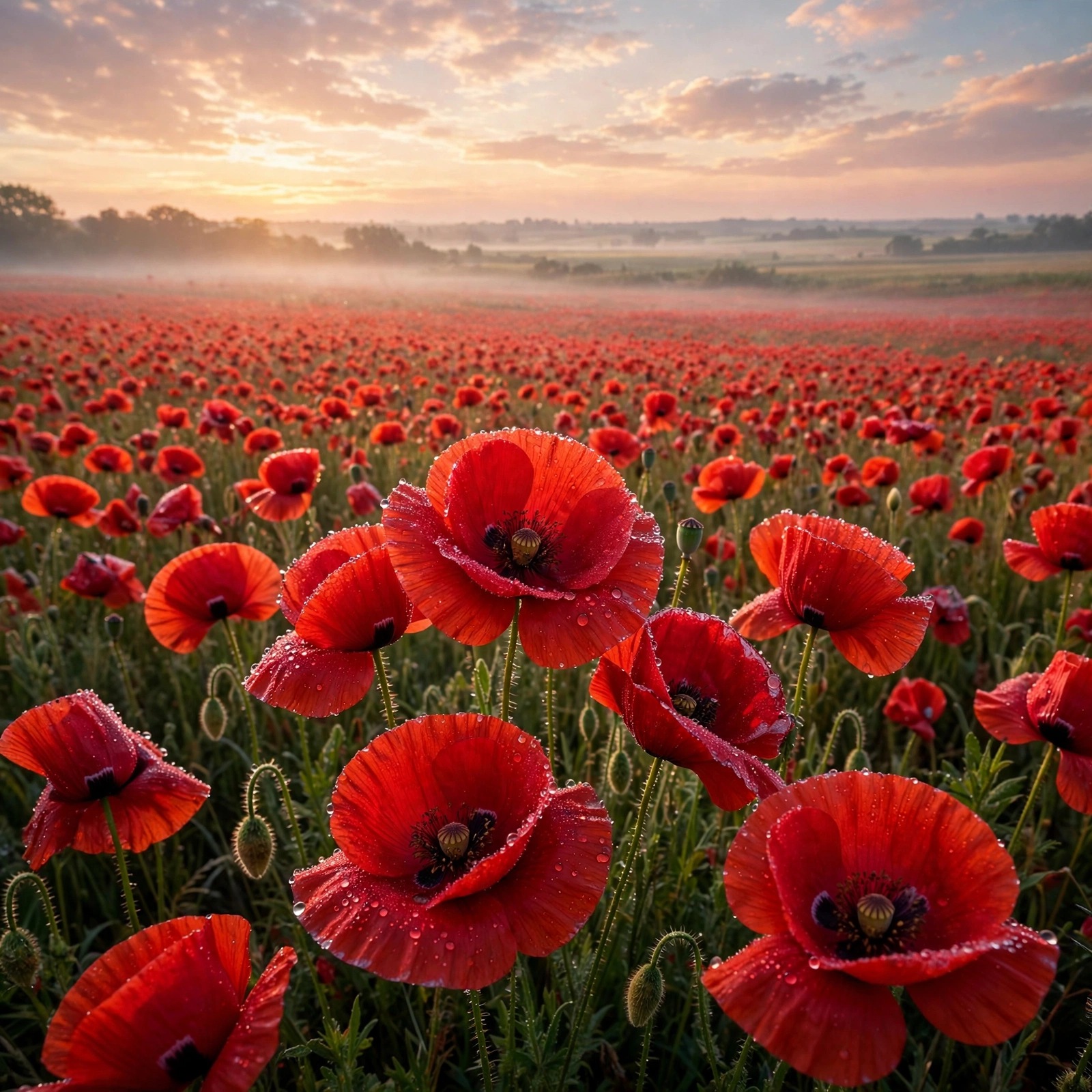 Crimson Poppy Field at Dawn