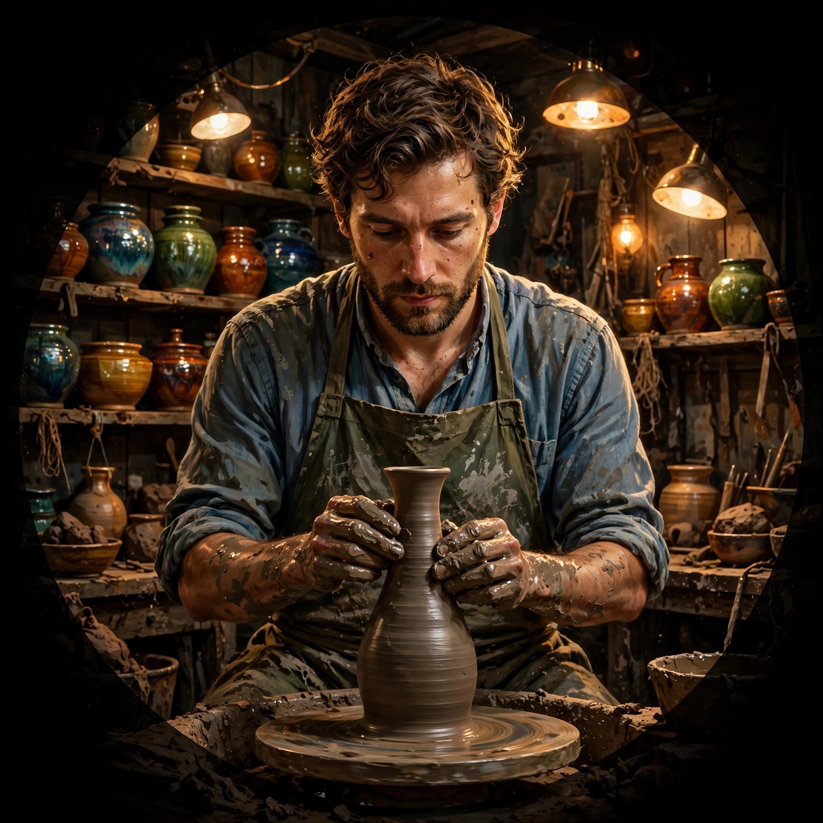 Potter shaping clay vessel on spinning wheel in warm studio, square boys profile picture