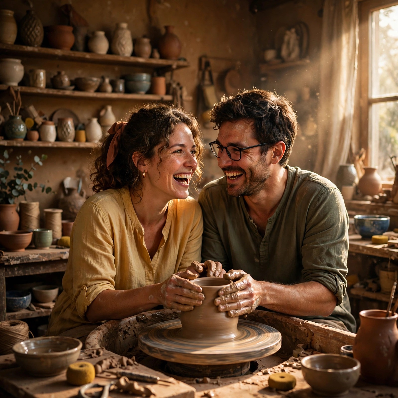 Couple Laughing at the Pottery Wheel