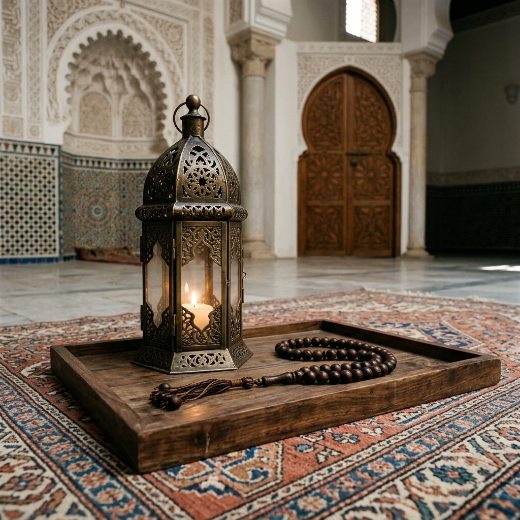 Dark prayer beads rest beside an ornate brass lantern on a wooden tray