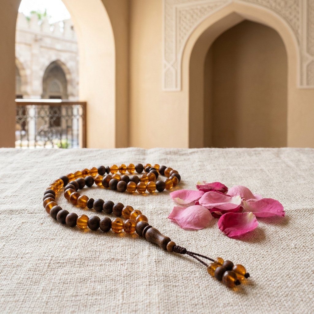 A strand of prayer beads lies beside a few fresh rose petals on linen
